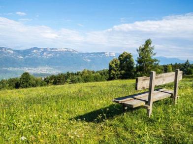 Una panchina in legno su un prato fiorito con vista sulla valle e sulle montagne circostanti.