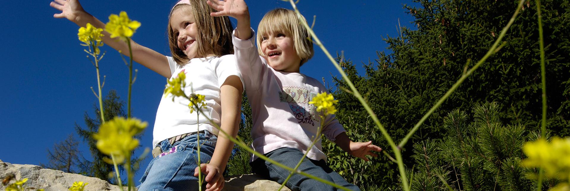 Two smiling children sitting on a rock, waving among yellow flowers under a blue sky.